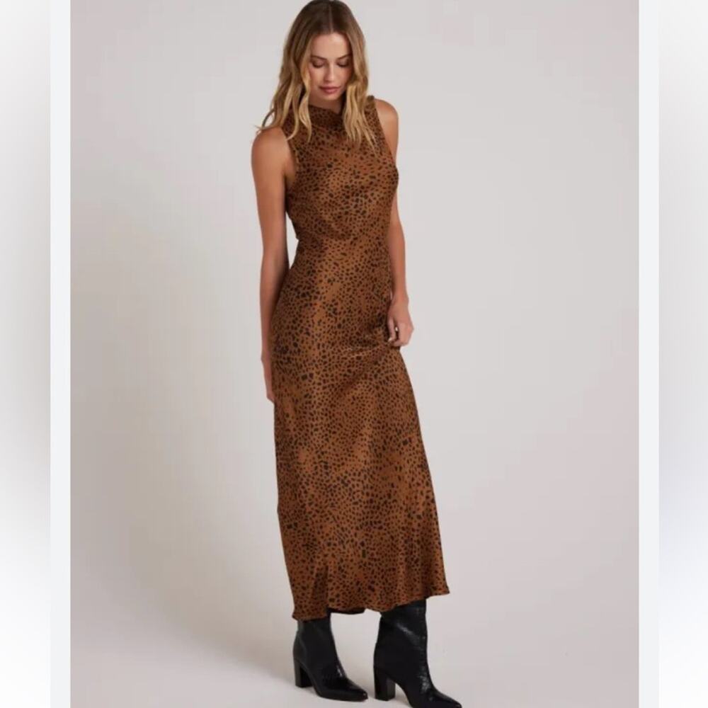 Bella Dahl Satin Animal Print Maxi Dress Sleeveless High Neck Slit Boho Indie